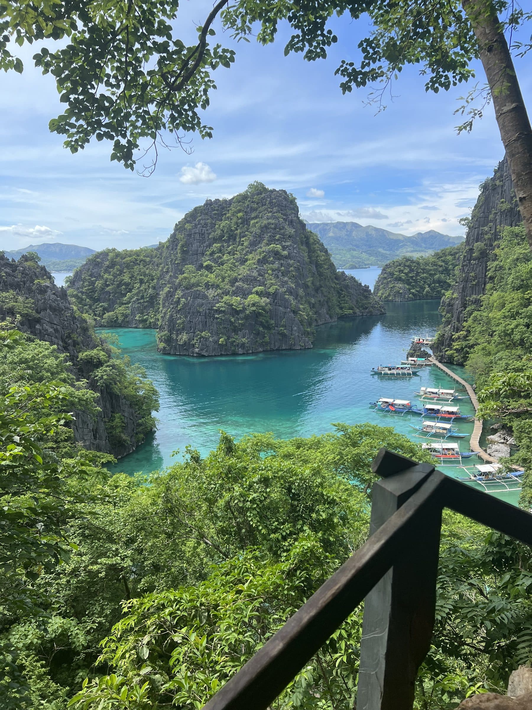 The view over Kayangan Lake in Coron, Palawan: jungle-covered limestone cliffs around a turquoise lagoon, with outrigger boats moored along a wooden jetty